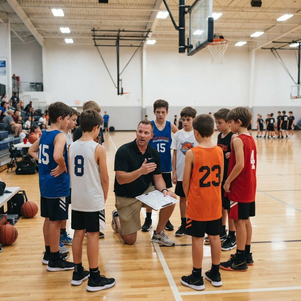Basketball coach talking with a team on an indoor court